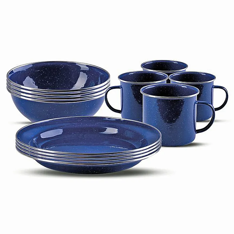 Essgeschirr ‚Western‘ 12-teilig Emaille blau Top-Preis