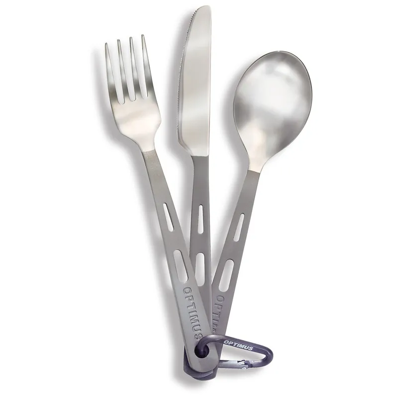 Heißes Angebot Optimus Titanium Besteckset: Messer, Gabel und Löffel aus Titan inkl. Karabiner