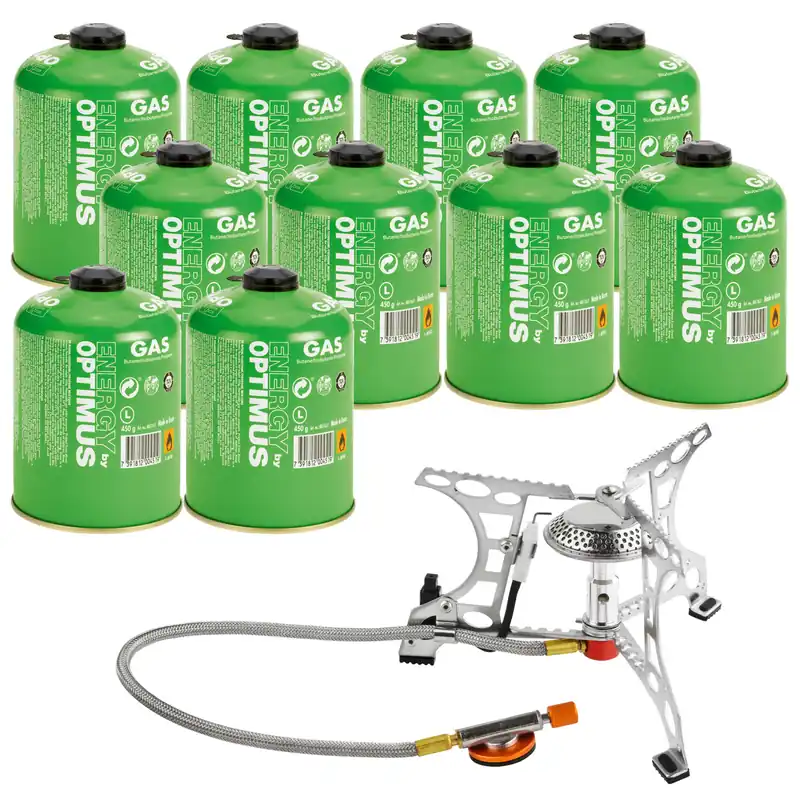 Bestpreis Gaskocher, klappbar mit Schlauch, inkl. 10 Gaskartuschen 450 g