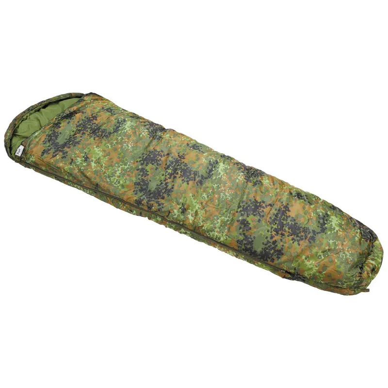 3-Jahreszeiten-Schlafsack in Flecktarn, Mumienform mit Wärmekragen bis -10°C inkl. Packsack Billig