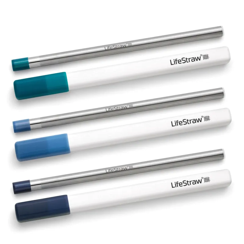 Markenprodukt LifeStraw Sip Wasserfilterstrohhalm im 3er Pack in Blautönen aus Edelstahl mit Etuis