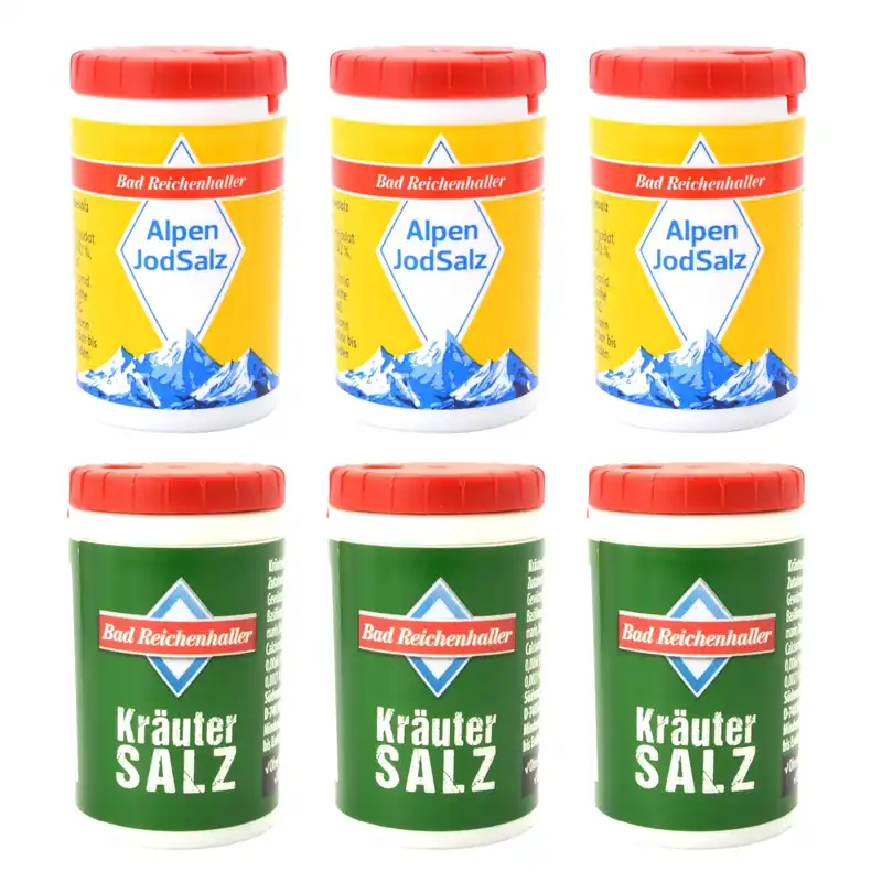 Sonderaktion 6x Ministreuer Alpen Jod Salz und Kräutersalz von Bad Reichenhaller
